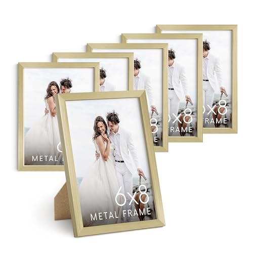 HAUS AND HUES 6x8 Gold Metal Picture Frames - Premium Aluminum with Vertical Hanging & Tabletop Display - Ideal for Home, Office (6x8 in, Gold, Set of 6)