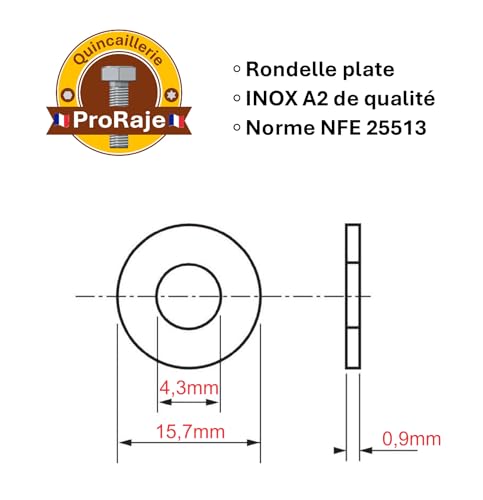 ProRaje Unterlegscheiben aus Metall, M4, Edelstahl, Außendurchmesser: 16 mm | flache Unterlegscheibe, extra breit M4 x 16 mm | Edelstahl A2 (V2A/304) Norm NFE 25513 LL | Holz/Metall/Muttern/Schrauben/