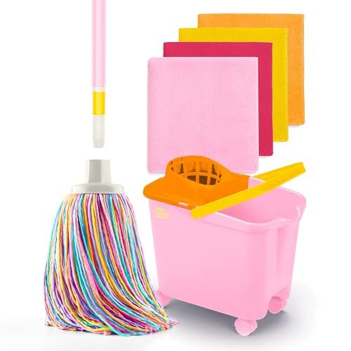 Happy Rainbow - Mocio con Manico Pieghevole, Secchio con Ruote e 4 Panni in Microfibra Riciclata Set di Pulizia Sostenibile per Casa, Pavimenti e Tutti i Tipi di Superfici