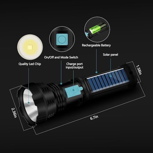 Image of Solar /Rechargeable Multi Function1500 Lumens LED Flashlight, with Emergency Strobe Light and 2000 Mah Battery, Emergency Power Supply and USB Charging Cable, Fast Charging (1PC)
