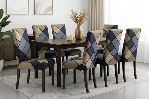 Image of Stretchable Dining Chair Cover - Washable, Removable, Anti-Slip, Protector, Universal Fit (Set of 2, Grey & Beige Geometric)
