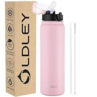 OLDLEY Stainless Steel Water Bottle with Straw 1L Vaccum Insulated Large Drink Flask Metal Water Bottles 1 litre Leakproof Keep Drinks Hot Cold for Bike Camping Sports Gym Adult Women Men(Pink, 1 Lid)