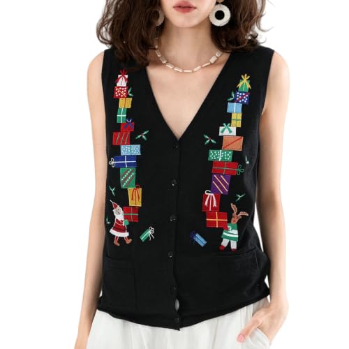 Kmbangi Women Christmas Button Sweater Vest Embroidery Sleeveless Cardigan | Santa Print, Knit V Neck Top, Xmas Clothes, Ugly Christmas Sweaters, Gingerbread Man, Holiday Cardigans, Waistcoat, Knitwear 1 Kmbangi Women Christmas Button Sweater Vest Embroidery Sleeveless Cardigan | Santa Print, Knit V Neck Top, Xmas Clothes, Ugly Christmas Sweaters, Gingerbread Man, Holiday Cardigans, Waistcoat, Knitwear