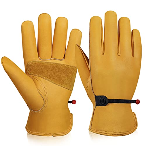 OZERO Flex Grip Leather Work Gloves Adjustable Wrist Tough Cowhide Garden Glove for Men and Women 1 Pair (Gold, X-Large)