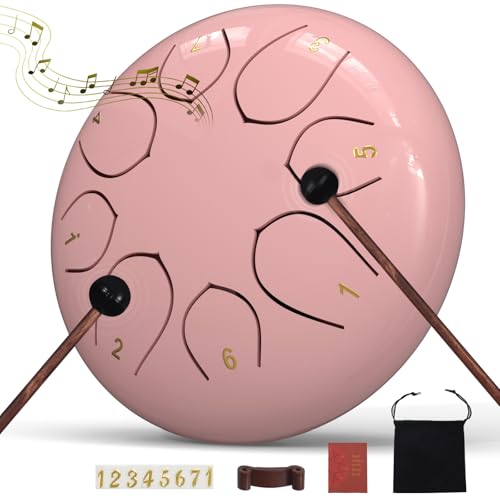Image of Rain Drum for Outside Garden, 6 Inches 8 Notes Steel Tongue Drums, Waterproof Meditation Echo Rain Chime, Musical Instruments for Adult Gift with Bag, Music Book, Mallets (Pink)