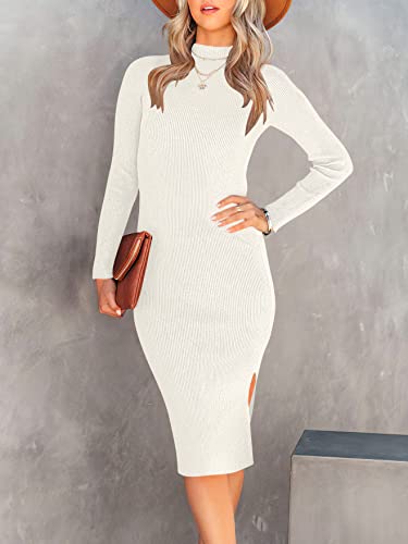 Anrabess Women 2023 Fall Sweater Dress Turtleneck Long Sleeve Sexy Slim Fit Slit Boydcon Midi Dresses For Elegant Wedding Guest 308Bai-L White #TOP3