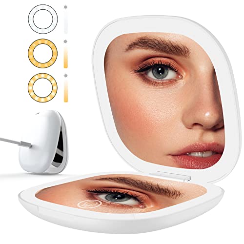 Lighted Compact Mirror For Purses: Mini Travel Magnifying Mirrors With Auto-Off Light Pocket Size Make Up Mirror For Purse Folding Rechargeable Vanity Makeup Mirror Dimmable 3 Colors For Home Office #TOP23