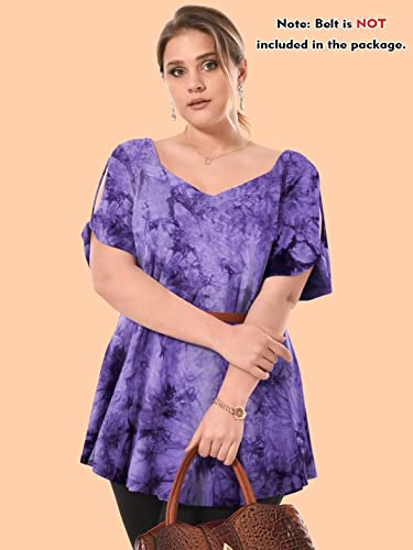 Larace Tie Dye Shirt Womens Business Casual Tops Square Neck Plus Size Tunics Short Sleeve Summer Clothes Knotted Blouses(B-Purple 3X) #TOP2