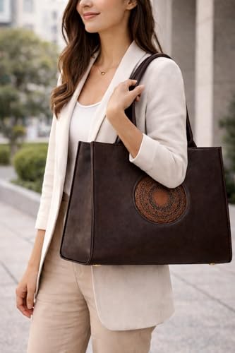 Image of Women's Leather Tote Bag | Structured for Office, Casual, Party & Formal Use | Stylish Shoulder Carry Tote (Black)