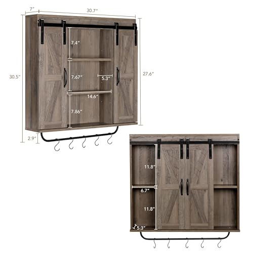 Image of RUSTOWN Farmhouse Bathroom Wall Cabinet with Sliding Barn Door & Towel Rack