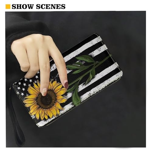 Sunflower Wallet for Women American Flag Purse with Card Holder PU Leather Zip Around Clutch Wallet2