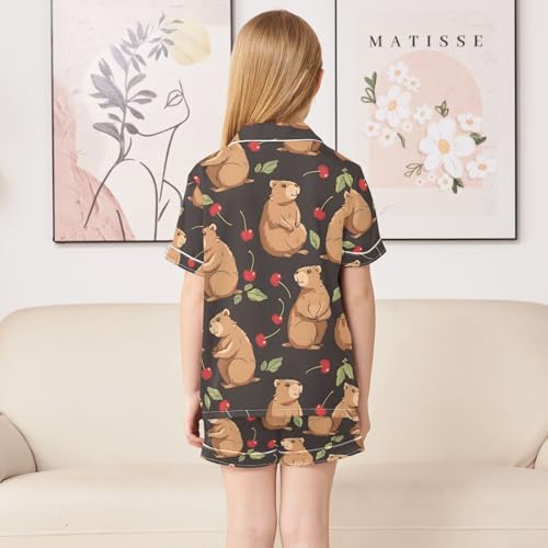 ALAZA Capybaras Cherry Fruit Pajamas Satin Pajama Set Short Sleeve Button Down Sleepwear4