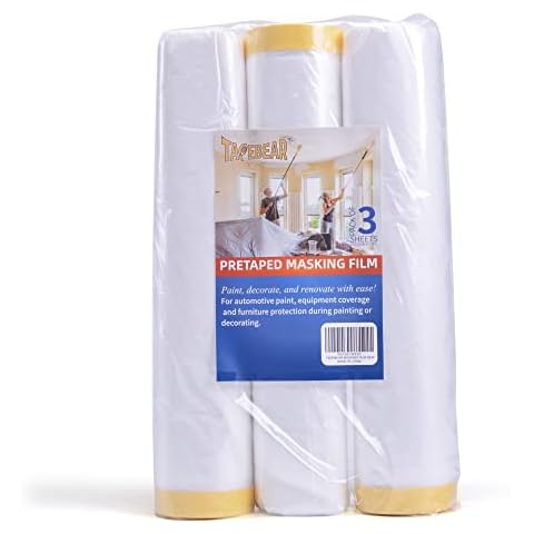 TAPEBEAR Pre-Taped Masking Film, Tape and Drape, Plastic Sheeting Roll, Automotive Painters Masking Tape Film, Plastic Sheeting Cover for Appliance and Furniture, 9feet X 90feet, 2600mmx 27m,3Rolls Cover