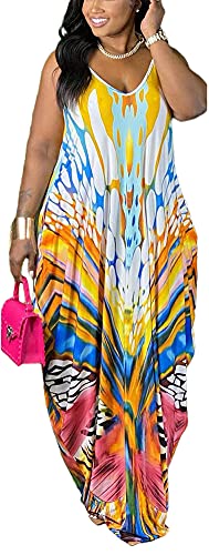 Image of BFFBABY Women's Casual Maxi Dress Sleeveless Tie Dye Spaghetti Strap Summer Plus Size Swing Sundress with Pockets