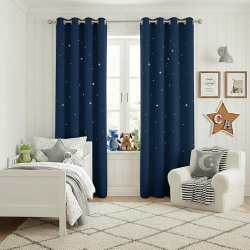 NICETOWN Kids Curtains with Cut Out Stars, 2 Panels Blackout Window Curtain Drapes for Thermal Insulated and Noise Reducing for Thanksgiving, W42 x L8