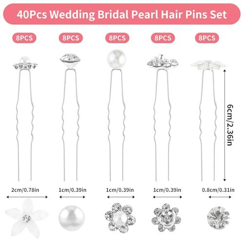 Braut Haarschmuck Hochzeit 40 Stück Perlen Blumen Haarnadeln Hochzeit Haarspangen Haarschmuck Mädchen 5 Stile U Form Strass Brautschmuck Kristall Haarnadel für Damen Abschlussball Party
