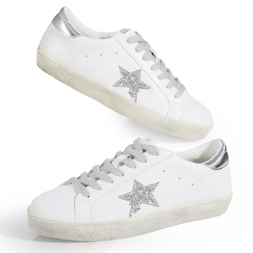 Sneakers for Women - Fashion Bling Star Sequins Sneaker - Cushioned Low Top Platform, Rubber Sole Leather Upper Lace Up Walking Shoes - Casual Comfortable Running Sports Shoes