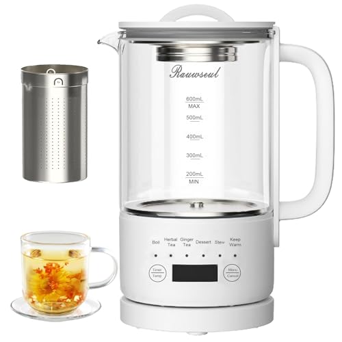 Bouilloire Électrique en Verre 0,6L 500W, Température Réglable 40-75°C, Minuterie 24h, Sans BPA, Petit & Compact pour Salon/Chambre/Camping-Car | Idéal pour Thé, Café, Lait, Compléments Alimentaires
