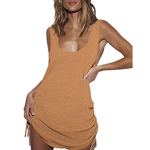 Eddoyee Sexy Crochet Beach Cover Up for Women Sleeveless Bikini Swimsuit Cover Up Mesh Beachwear Tunic Top B-camel