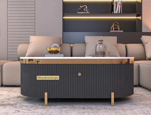 Image of Premium Marble-Top Center Table with One Storage Door and PVD Coated lron Legs and Coffee Table with Oval Design for Living Room and Entryway [ Modern coffee table ] ,42x24x18 Inch, (Black)