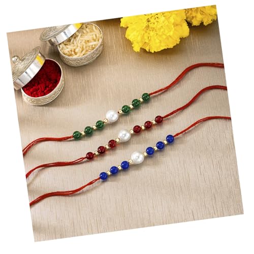 Image of Peora CZ Pearl & Crystals Studded Thread Rakhi for Brother Bhaiya | Combo Set of 3 | Raksha Bandhan Hamper with Roli Chawal & Greeting Card