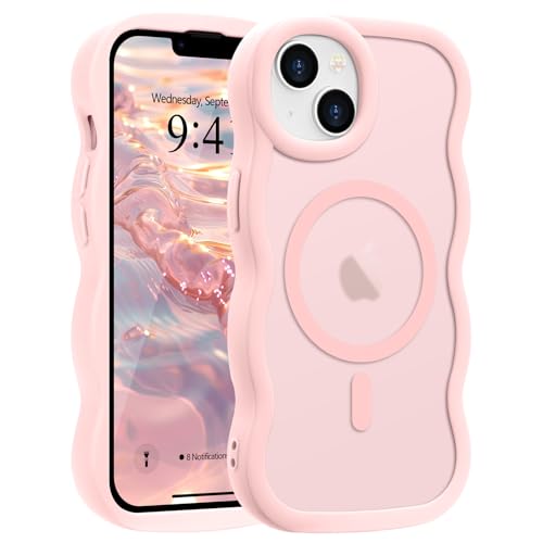 Pepmune for iPhone 14 Plus/iPhone 15 Plus Case, Curly Wave Frame Hard Translucent Clear Cover for Women Men Compatible with Magsafe TPU Bumper Shockproof Phone Case for iPhone 14 Plus/15 Plus, Pink