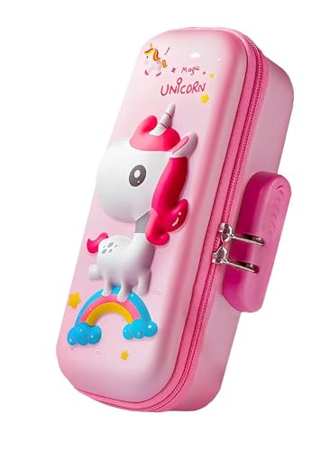 Image of WORSHIPER Plastic Large Capacity with Unicorn Design, Compartment & Zipper Pencil Pouch Combination Lock, Primary School Students Multi-Layer (Unicorn Password Lock Pouch Pink)