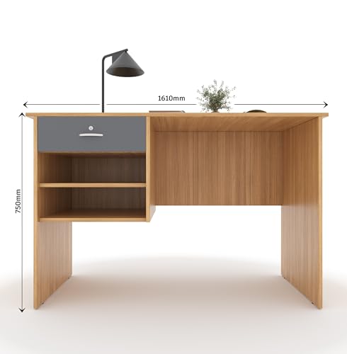 Image of 116x75x56CM Engineered Wood Verto Study & Office Table with Smooth Lockable Drawer and 2 Shelves for Storage | Sturdy DIY Counter, Commercial Table- Urban Teak with Grey