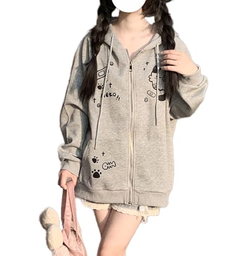 Dynict Sudadera con capucha Y2K con cremallera para mujer, diseño de orejas de gato, estilo informal, de dibujos animados, Harajuku Kawaii, ropa de calle de gran tamaño, Gris, S