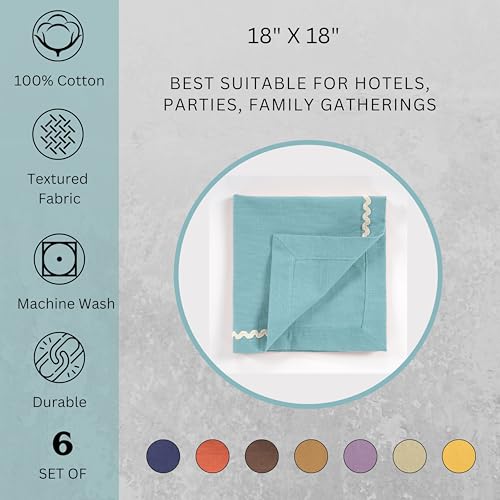 Image of FINGERCRAFT Cloth Napkins Set of 6, 18x18 Inch, 100% Cotton Table Napkins with RIC Rac Scallop Lace Trim, Reusable Washable Dinner Napkins for Wedding, Party, Dining & Home Decor (Powder Blue)