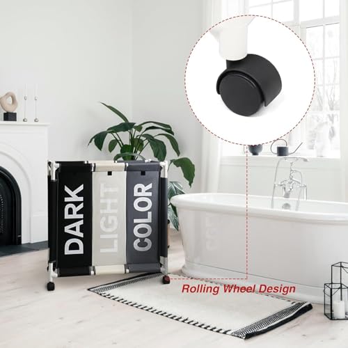 3 Section Basket Mobile Laundry Hamper Clothes Bin Organiser Sorter Cart with Wheels Lights and Dark Folding Laundry Basket Easy Move Laundry Storage Cart - Image 4