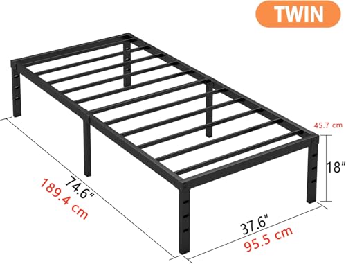 Image of Hafenpo 18 Inch Twin Bed Frame - Sturdy Metal Platform Twin Size, No Box Spring Needed, Heavy Duty, Easy Assembly, Strong Bearing Capacity, Under Bed Storage, Black