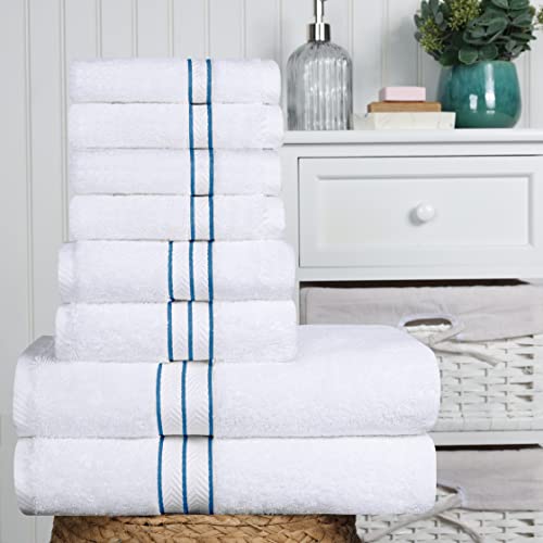 Superior Turkish Cotton Ultra-Plush 8-Piece Towel Set, Ideal For Master Bath, Guest Bathroom, Fast Drying, Shower, Spa, Face/Washcloths, Hand, Bath Towels, Absorbent, Home Basics, Light Blue #TOP1