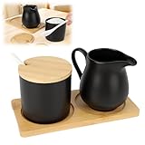 Les-Theresa 2er Milch und Zucker Set Schwarz, Milchkännchen und Zuckerdose Set mit Bambusdeckel und Löffel Zuckerdose und Milchkännchen Set Keramik, Ideal Elegantes für Haus Küche, Restaurant, Kaffee