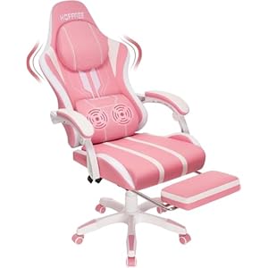 HOFFREE Pink Gaming Chair Massage Big and Tall Video Game Chair for Adults 400lbs Computer Gaming Chair with Footrest for Heavy People Reclining Gaming Chairs Pink and White