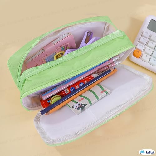 Image of FunBlast Pencil Pouch for Girls - Aesthetic Multi-Compartment Zipper Pouch with Drawstring Pocket, Cute Kawaii Pencil Case, Stylish Stationery Pouch, Return Gift for Kids & School Use (Green)
