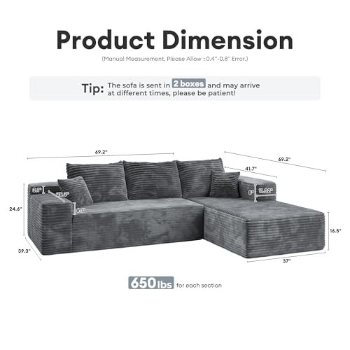 Image of HOOOWOOO Sectional L Shaped Couch,106 inch Assembly Free Modern Minimalist Sofa,Extra Deep Large Sofa Set,Corner Couch in A Box for Living Room(Right Chaise Gray Velvet Uphosted)