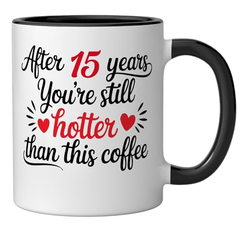 Taza de cerámica 15 aniversario boda 11 oz negro/blanco miniatura 2
