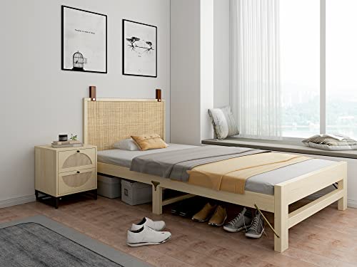 Zehuoge Natural Rattan Twin Headboard Decorative Panel With 2 Faux Pu Leather Trim Strips, Wall-Mounted Headboard (Twin) #TOP2