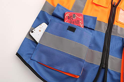 Image of Hi-Vis Reflective Vest with Multi-Color, Zipper, Orange /Blue, 2XL | Orange /Blue 2XL safety vest with 7 pockets, front zipper and reflective strips for port operations and heavy equipment.