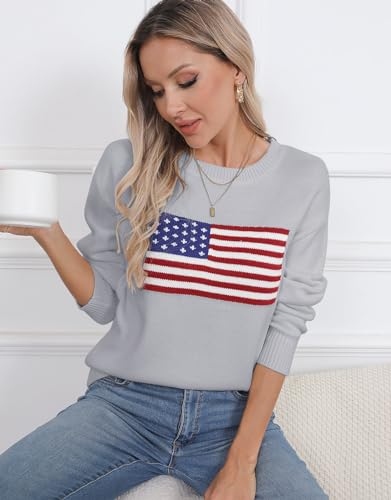 Image of Womens American Flag Sweater Long Sleeve Crew Neck Knitted Casual Pullover Sweater (Gray, Large)