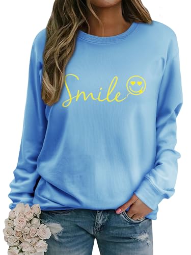 Dresswel Womens Sweatshirt Vintage Funny Smile Face Graphic Print Crewneck Long Sleeve Tops Ladies Pullover Basic Cotton Jumpers Blouse (Light Blue, L)