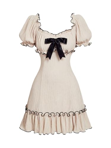 SweatyRocks Women's Bow Ruffle Dress Puff Short Sleeve Textured A