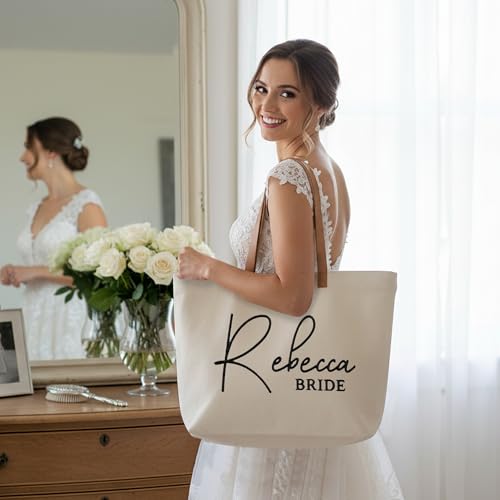 Image of ELEGANTPARK Personalized Bride Tote Bag with Zipper - Custom Engagement Gift for Bride to Be - Large Canvas Wedding Planning Bag - Bachelorette Party & Honeymoon Beach Tote - Bridal Shower Keepsake