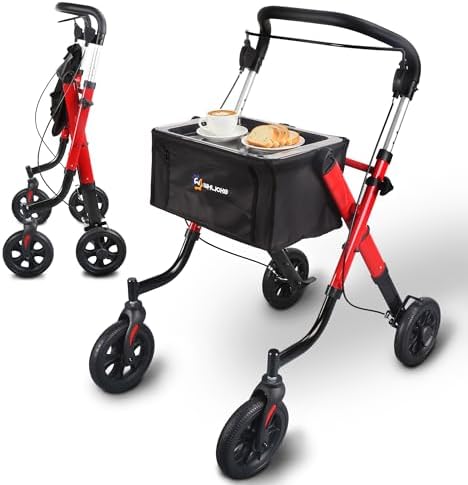 Rollator Schmal für Wohnung, Rollatoren für Senioren,Höhenverstellbar | Indoor Rollator Faltbar und Leicht mit Transporttasche & Tablett, Aluminium Wohnungsrollator, Leiser Anti-Ru