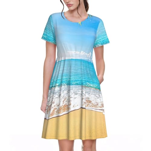Robe de plage décontractée imprimé palmier col rond et manches courtes pour femme