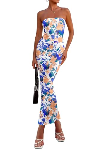 PRETTYGARDEN Women's 2026 Summer Floral Bodycon Maxi Dresses Ribbed Strapless Tube Casual Boho Party Long Dress (Floral White Blue,Medium)