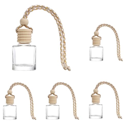 Zikefest 5PCS Car Air Freshener, Hanging Air Freshener Diffuser, Empty Glass Perfume Bottle, Diffuser Oil Aromatherapy Fragrance Perfume Vials with Wooden Caps and Hanging String