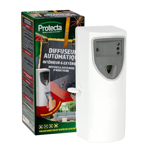 Protecta® Difusor automático de Aerosol insecticida – Dispositivo programable con Mando a Distancia para hogar y Exterior – Solución contra Insectos Rastreros y Volantes – Pilas Incluidas