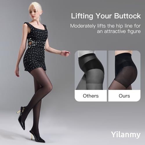 Yilanmy 2 Pairs Tummy Control Pantyhose for Women, 40D Sheer Tights Control Top Pantyhose Shaping Nylon Stockings High Waist4